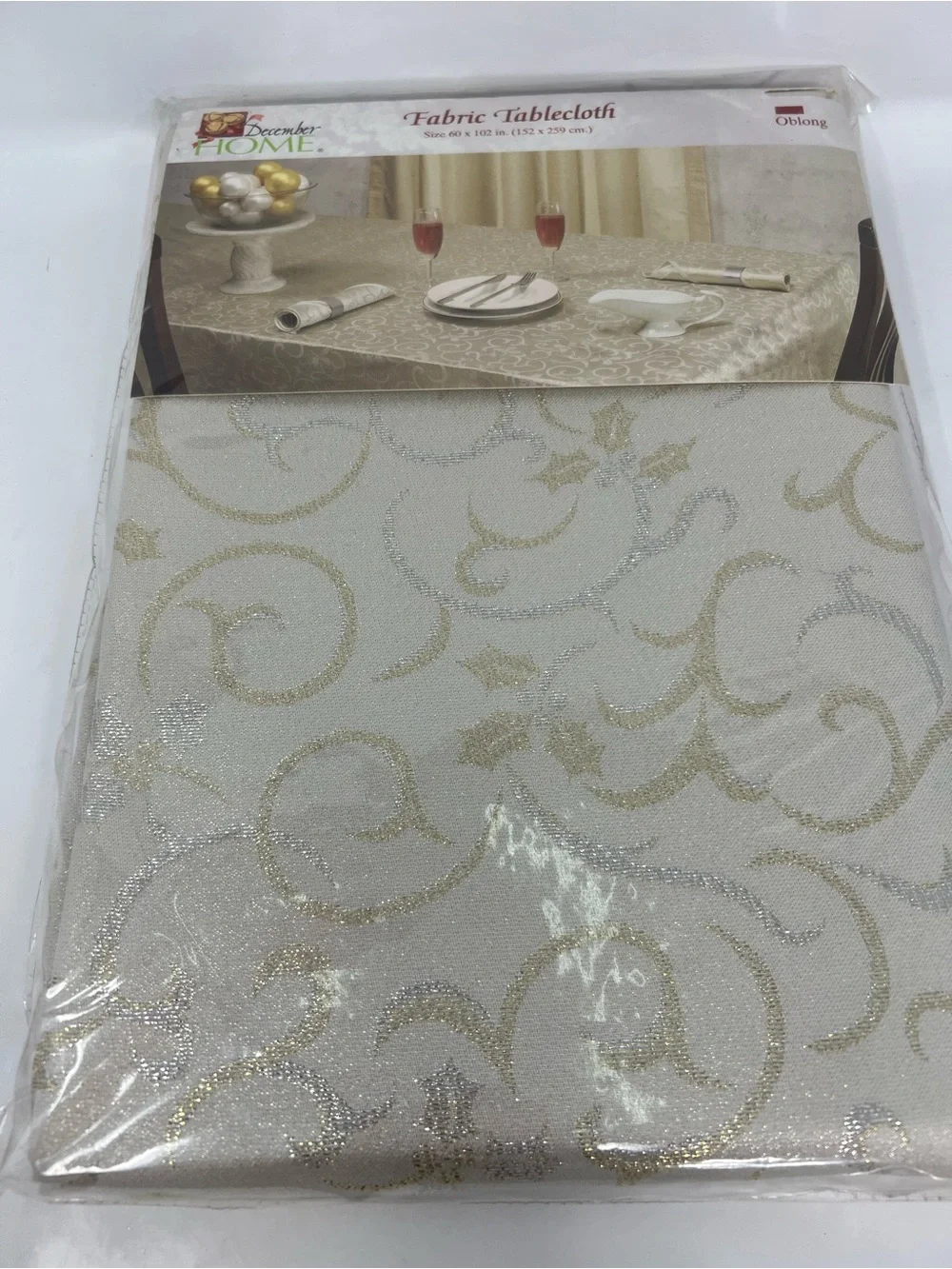 December Home Fabric Tablecloth Oblong 60x102 NOS Ivory Gold Silver Scroll